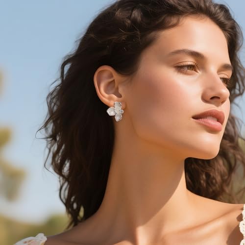 Jean Beau Flower Leaf Pearl Stud Earrings for Women, Statement Cluster CZ Earring Gold Plated Sterling Silver Wedding Prom Fashion Jewelry Gift2