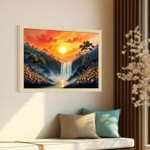 Image of ArtX Canvas Rising Sun Painting For Vastu, Big Size Wall Art, Waterfall Painting Vastu, Rising Sun Wall Decor, Multicolor, Nature, 61.0 X 48.0 cm, Set of 1