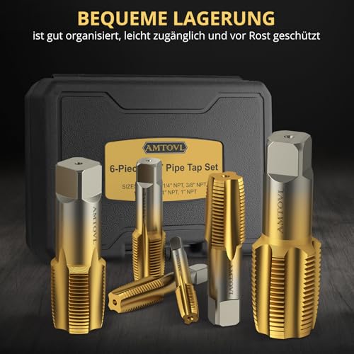 AMTOVL 6tlg. NPT Rohrgewindebohrer Set Gewindebohrer 1/8\, 1/4\, 3/8\, 1/2\, 3/4\, 1'' Zoll NPT Maschinengewindebohrer Set