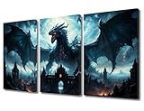 3 Piece Canvas Wall Art Dragon Wall Decor Fantasy Wild Animals Pictures Framed Wall Art Modern Wall Artwork Hanging Decor Dragon Posters Prints Decorations for Bedroom, 36x24 Inches