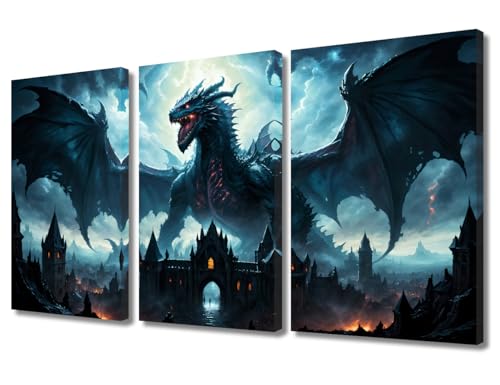 3 Piece Canvas Wall Art Dragon Wall Decor Fantasy Wild