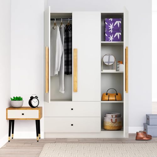 Image of Bniture Wooden Almirah for Clothes, Door for Bedroom, 3 Door Wardrobe with 2 Drawer & Hanging Space (40D x 120W x 180H CM) | 3 Year Warranty (Frosty White)