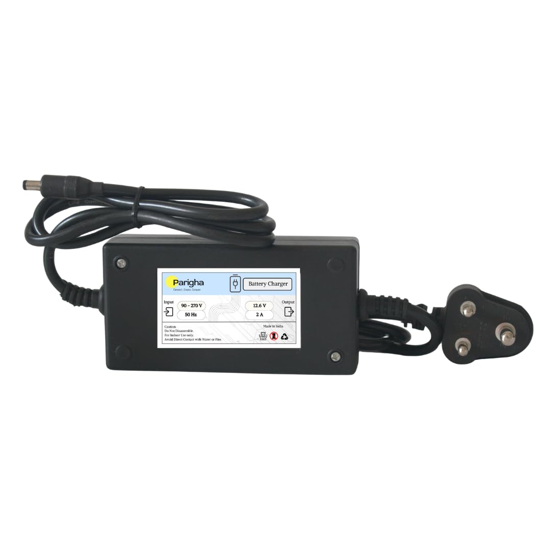 Parigha 12.6V 2A Li-ion Battery Charger, LED Indicator, CC-CV Output, Compatible with Power Banks and Robotics, Black