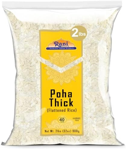 Rani Poha (Powa) Thick Medium-Cut (Flattened Rice) 32oz (2lbs) 908g ~ All Natural, Salt-Free | Vegan | No Colors | Gluten Friendly | Indian Origin