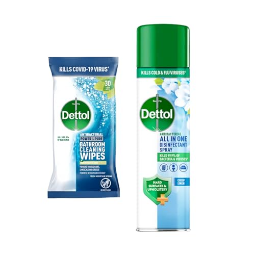 Dettol Antibacterial Cleaning Bundle: Bathroom Wipes & Disinfectant Spray - 2 Pack - Antibacterial Wipes & Anti Bac Spray - Cleaning Wipes Antibacterial