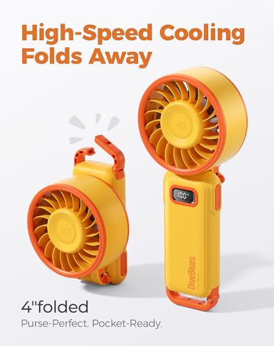 Diveblues Portable Handheld Fan, 7.4m/s High Speed Turbo Fan, 180° Foldable 4-in-1 Personal Neck Fan Integrated Carabiner Clip, 100 Speed Stepless Control, USB-C Rechargeable, 12H Battery, Fanzy D6036 — view 3