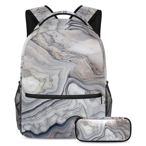 Ensemble cartable texture marbre au design graphique unique avec trousse assortie grand volume