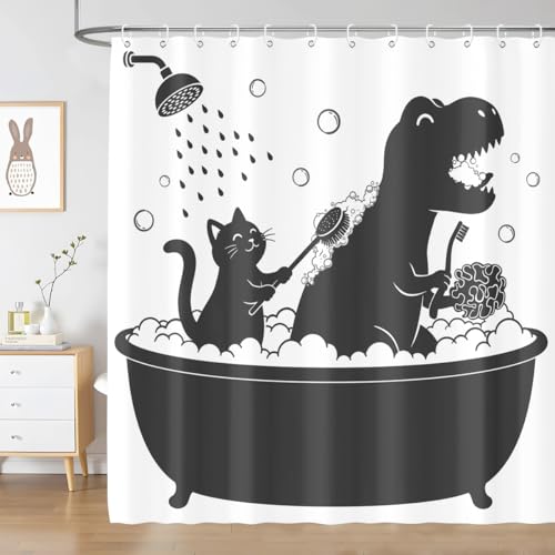 Image of Dinosaur Shower Curtain Funny Dino Cat for Kids Boys Trex Silhouette Animal Shadow Cartoon Black White Bathroom Waterproof Polyester Fabric 72Lx72W Inch with Hooks