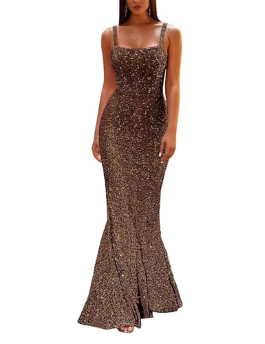 ALEESHUO Women's Sparkly Sequin Mermaid Prom Dresses Long Spaghetti Straps Bodycon Formal Evening Party Gowns