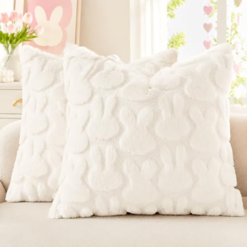 decorUhome Easter Bunny Pillow Covers 16x16 Inch Set of 2, Soft Plush Faux Wool Jacquard Cream White Rabbit Cushion Covers, Farmhouse Neutral Spring Easter Holiday Decor for Couch Sofa Bed