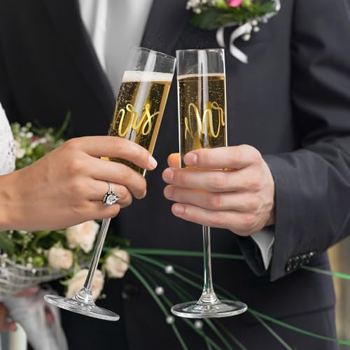 Image of AW BRIDAL Mr and Mrs Champagne Flutes Set of 2, Engagement Gifts for Couple | Bridal Shower Gifts for Bride to Be Women, Wedding Gift for Newlyweds 2026, Bride and Groom Toasting Glasses with Wooden Box