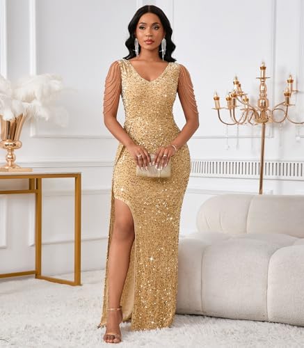 Cololura Women Sexy Elegant Sequin V Neck Tassel Mermaid Bodycon Formal Party Gowns Evening Maxi Dress3