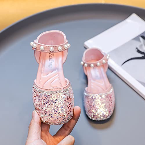 Summer Children Girls Sandals Flat Bottom Round Toe Lightweight Breathable Sequins Pearl Hook Loop Slide for Big Kids4