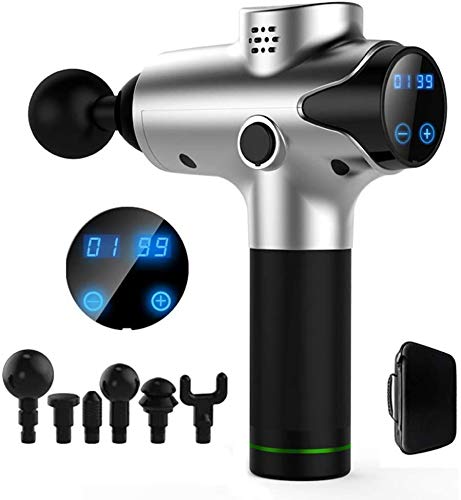 TTSTR Percussion Massager with 6 Replaceable Heads 20 Speed, Handheld Muscle Massager for Pain Relief - Ultra Quiet Fascia Gun,Silver