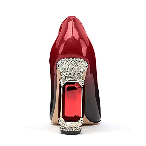 Image of JANSEVEN Women Chunky Heels Pumps Crystal Block Heels with Rhinestones Pointed Toe Sexy Gradient Patent Leather Slip on Bridal Party Wedding Dress Shoes 5-13 M US