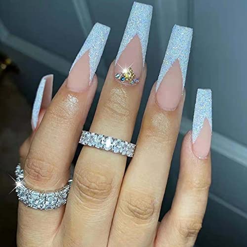 Hkanlre Rhinestones Press on Nails French Coffin Long Bling Fake Nails Nude Acrylic False Nails Full Cover Nails for Women and Girls 24PCS