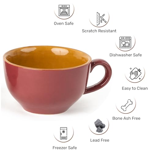 Image of Bodhi House Ceramic Coffee Wide Large Mug with Handle - Set of 1, 350Ml Glossy Finish | Bone Ash Free & Microwave Safe | for Cappuccino, Latte, Green Tea - Burgundy