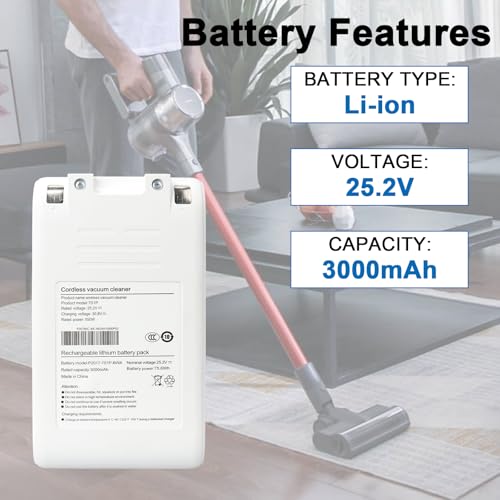 MXJFYY Ersatzakku, 25,2 V, 3000 mAh, 75,6 Wh, Lithium-Ionen-Ersatzakku, kompatibel mit Dreame Xiaomi Mijia G9 G10 1S R10 T10 T20, kabelloser Staubsauger 18650