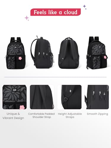 Image of Genie Poetry School Backpack For Girls |17 Inch-27 Litres With Three Compartments, Light Weight with Padded Shoulders |Best for Books, Water Bottles, Stationery, Lunch Box & Essentials - Black