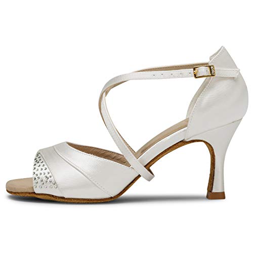 Jiajia 20522 Women's Satin Sandals 2.7" Flared Heel Latin Salsa Performance Dance Shoes Ivory,Size 9.5 B(M) Us/41 Eu #TOP4