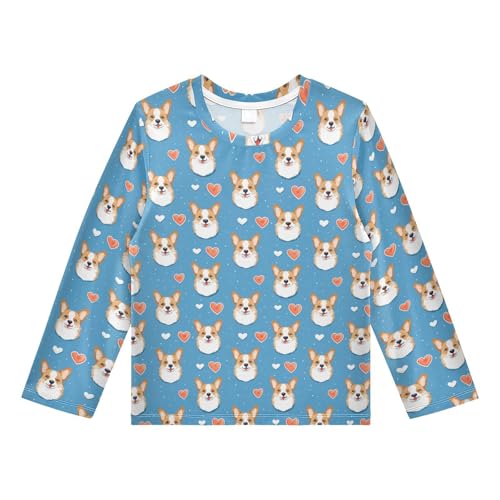 Cute Corgi Dog Blue Pattern Boys Rash Guard Swim Shirts Long Sleeve UPF 50+ Quick Dry Sun Protection Shirt Swimsuit Surf Tops for Toddler Kid Girl Fishing Swimming Outdoor 3T