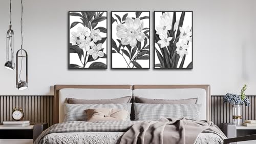 Large Framed Flower Wall Art - Blooming Floral Wall Decor 24"x36" Set of 3 Black and White Painting Prints Vintage Botanical Canvas Pictures for Living Room Bedroom Office Artwork by HWAXUOEN - Image 6