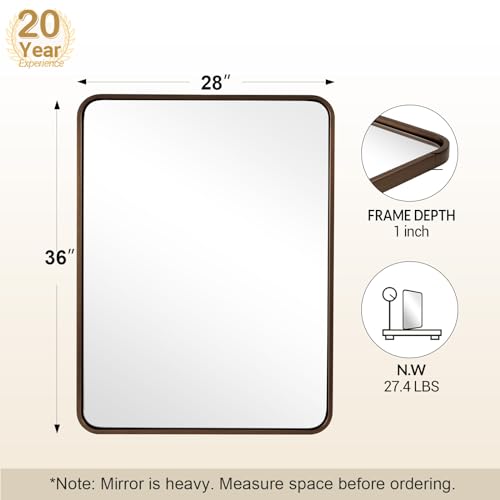 Image of ANDY STAR 28x36 INCH Bronze Bathroom Mirror, Rounded Rectangle Oil Rubbed Bronze Mirrors for Bathroom,Tube Metal Framed, 1'' Deep Wall Mounted Vertically /Horizontal