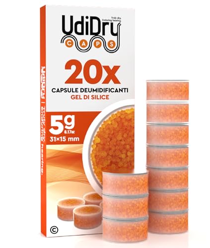 20 Capsule Deumidificanti per Apparecchi Acustici UdiDry Caps 31mm 5g con Indicatore di Colore - Capsule Essiccanti con Gel di Silice di Alta Qualità per Contenitori di Asciugatura