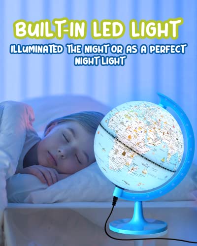 JOWHOL Illuminated Animal Globe for Kids - USB Powered Educational Toy with Unique Animal Pictures - 20cm Diameter (Blue)