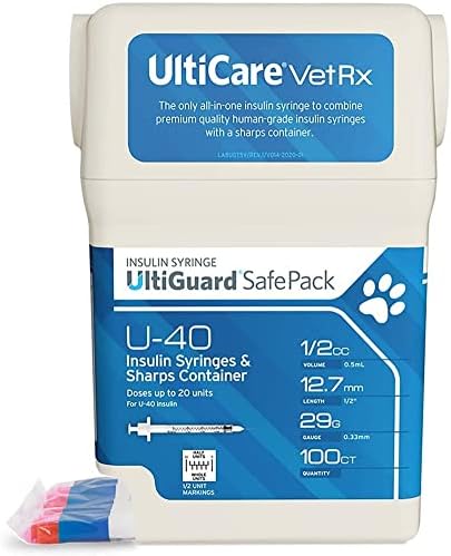 UltiCare VetRx U-40 UltiGuard Safe Pack Pet Insulin Syringes 1/2cc, 29G x 1/2", 100 ct (With 1/2 Unit Markings)