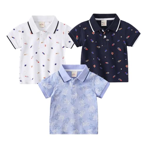 NautySaurs Jungen Poloshirts Dinosaurier Cartoon Top 3 Packungen Kurzarm T-Shirts für 26 Jahre Kinder Marineblau + Weiß + Blau 5 Jahre