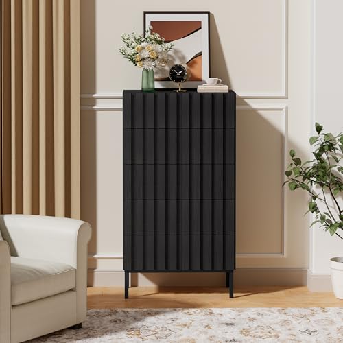 Miniatura 2 de Uev Cómoda Natural Con 5 Cajones, Cómoda Que Ahorra Espacio Con Motivo De Listones De Madera, Cajones De Dormitorio Sólidos Y Estables Con Diseño Antivuelco, 60 X 34 X 110 Cm, Negro