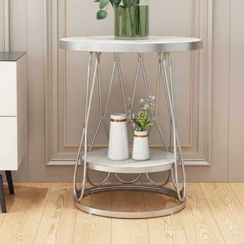 Image of Modern Side Table Corners Living Room Square Table Double Tier Sofa Side Table,Round Base Coffee Table,Portable Bedroom Nightstands Small Space (1WHITE Grey)