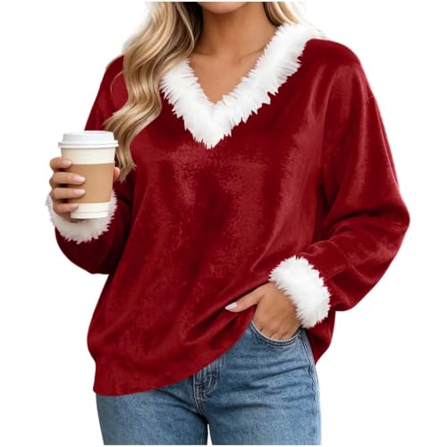 Velvet Womens Tops Faux Fur Trim V Neck Long Sleeve Holiday Blouse - image 3
