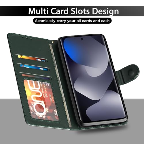 Image of Amazon Basics Flip Cover for Redmi Note 15 5G Leather Finish | Wallet Stand and Shock Proof | Inside TPU with Card Pockets | Complete Protection Flip Case (Green)
