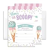 Ice Cream Birthday Invitation Cards with Envelopes Pack of 20 (4' X 6') - Party Invitations for Boys, Girls, Kids, Teens - Here's The Scoop - Ice Cream Party Favors Decorations and Supplies -