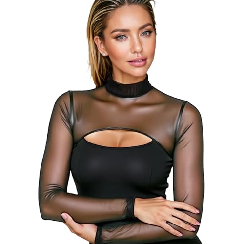 GWAWG Korta stickade toppar för kvinnor, crop top, Schwarz Mesh Sheer Top för simning, strand, sport, svart, S