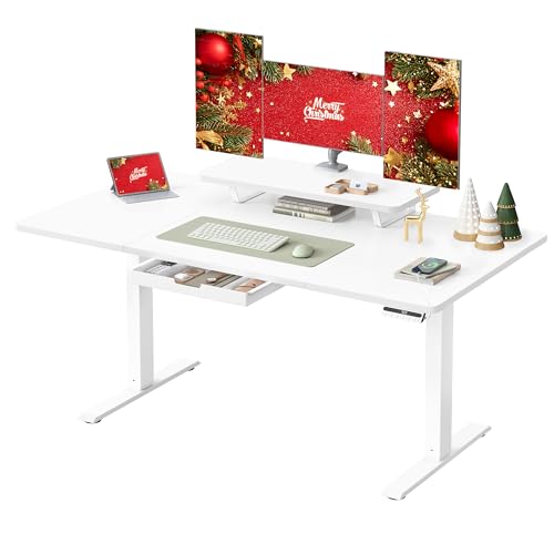 VASAGLE Scrivania Regolabile Elettricamente in Altezza, 140 x 70 cm, per Lavoro in Piedie, Supporto Monitor, Cassetto, Porta USB-C, Promemoria Sedentarietà, per Ufficio, Bianco Nuvola LSD154WB01