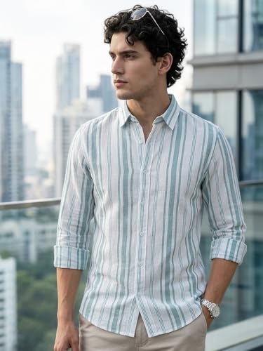 Image of Urbano Fashion Men's Cotton Full Sleeve Relaxed Fit Linen Striped Shirt with Spread Collar