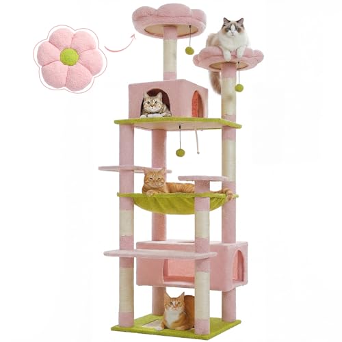 PAWZ Road Flower Cat Tree 72 Inches Large Cat Tower with Steel Frame Hammock and 7 Scratching Posts Tall Cat Tree with 2 Condos and Perches for Large Indoor Cats - Pink