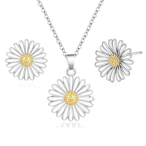 EVEVIC Daisy Necklace and Stud Earrings Set for Women 18K Gold Plated