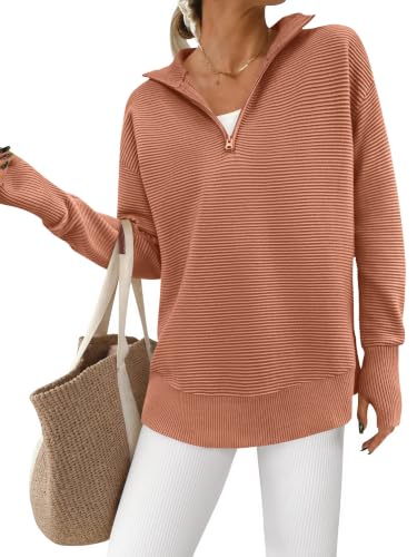 Image of PRETTYGARDEN Womens Long Sleeve Quarter Zip Pullover Sweater | Casual Loose V Neck Sweaters with Thumb Hole, Collared Ribbed Knit Jumper Tops, Oversized Tunic Tops, Fall Outfits 2026