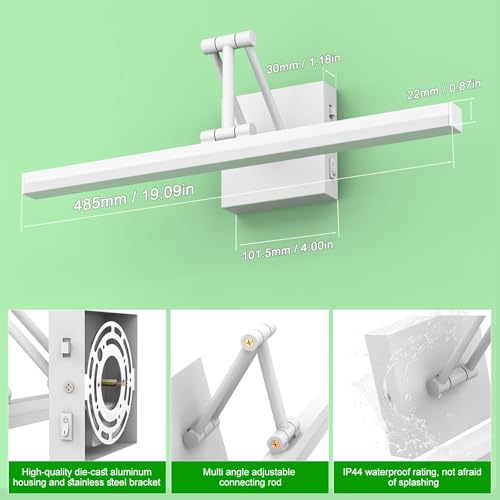 Sytmhoe 12W Spiegellampe Bad 3000K 4500K 6500K Mit Faltbar Teleskophalterung, 48.5CM 960LM Badezimmer Wandleuchte Weiß, Aluminium Korridor Bildleuchte Spiegelleuchte Mit Schalter Bett Wand Leselampe