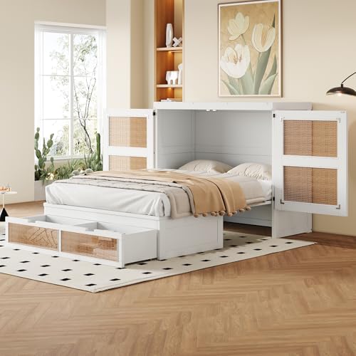 Schrankbett Wandbett Wandklappbett 140x200, Murphy-Bett Doppelbett vertikales Schrankbett mit 2 Schubladen&Rattan-Design, Holzbett Jugendbett...