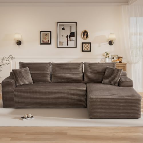 Image of 108 inch L Shaped Cloud Boneless Sectional Couches for Living Room, Modern Comfy Modular Deep Seat Memory Foam Compressed Corduroy Sofa Oversized Right Facing Chaise, No Assembly Required, Brown