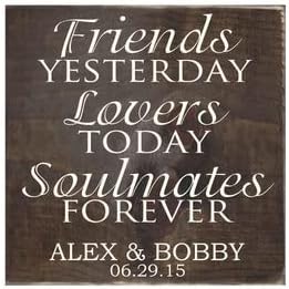 Fprqlyze Personalized Wedding Sign Rustic Wood Home Decor Gift ~ Friends Yesterday, Lovers Today, Soulmates Forever Wall Hanging Home Decor Rustic Decor