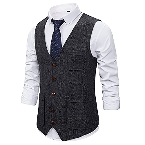 Men's 5 Button Formal Herringbone Tweed Dress Vest Slim Fit V Neck Sleeveless Waistcoat Vintage2