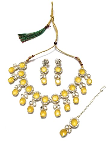 SHARVARI IMITATION JEWELLERY Lemon yellow kundan necklace set with studded earings and maangtika