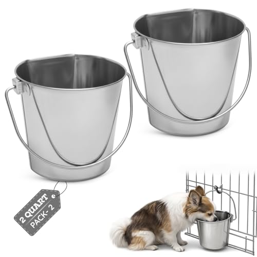 AASPIRE PETS Flat Sided Stainless Steel Bucket 2 Quart Hanging Feeding Pail for Small Dogs Cats Birds Fits Kennel Cages Compatible Heavy Duty Food and Water Feeder 0.5 Gallon Silver Buckets 2 Packs