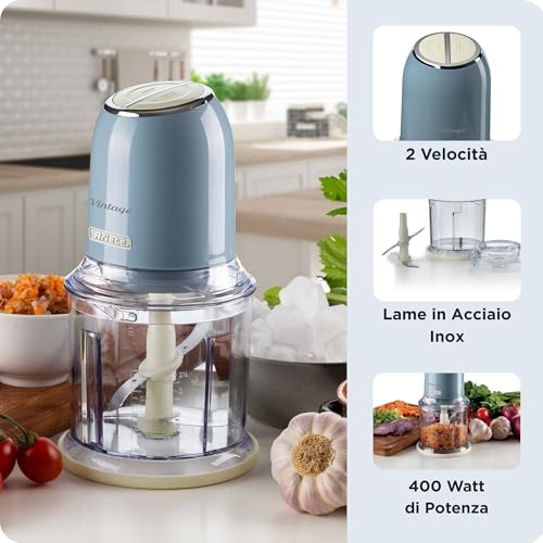 Ariete Vintage 438, Retro Elektrischer Gemüse- und Ice-Crusher mit 2 Geschwindigkeitsstufen, 4 Edelstahlklingen, Rutschfesten Standüßen, 600 ml Fassungsvermögen, 400W, Blau
